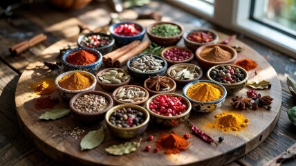 Fototapeta premium Spice selection in wooden bowls arranged on rustic cutting board with colorful herbs and seasonings displayed in natural lighting from overhead perspective