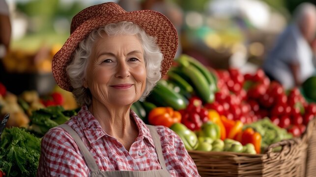 Senior woman smiling at a vibrant farmers market surrounded by fresh produce and colorful vegetables - Powered by Adobe