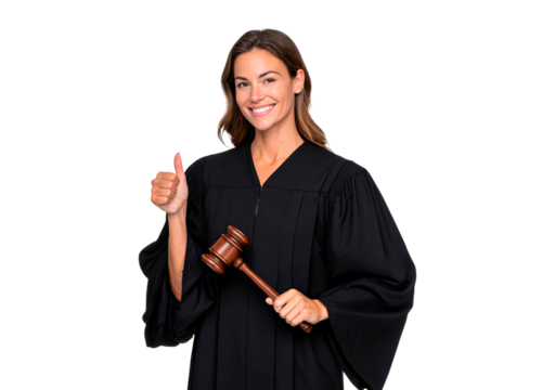 Smiling judge holding gavel thumbs up promoting legal profession and positive law on transparent background, PNG