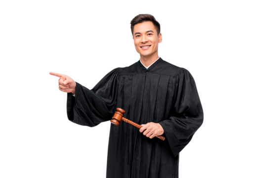 Confident young judge in courtroom attire holding gavel and pointing on transparent background, PNG