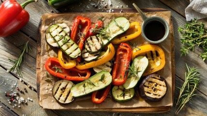Assorted grilled vegetables on wooden cutting board featuring bell peppers, zucchini, eggplant and yellow squash with fresh rosemary herbs