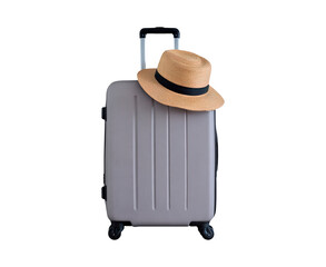 Vacation travel essentials with suitcase and straw hat on transparent background, PNG