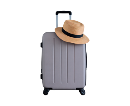 Vacation travel essentials with suitcase and straw hat on transparent background, PNG