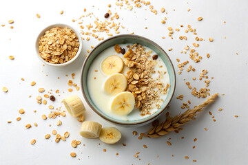 Flatlay of cereal bowl with milk, banana, and oats on white background