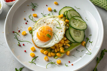 Overhead shot of fried egg with cucumber and corn on white plate