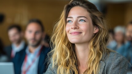 Obraz premium Engaging audience member smiles during a conference presentation in a modern venue