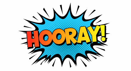 Comic Book "HOORAY!" Speech Bubble: A Bold Graphic with Red-Yellow Gradient Text, a Spiky Light Blue Halftone Burst, and Radiating Black Lines

