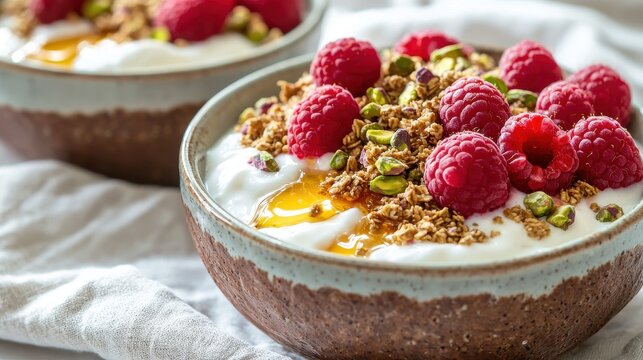 Artisanal breakfast bowl with thick yogurt base garnished with fresh raspberries, crushed pistachios and amber honey