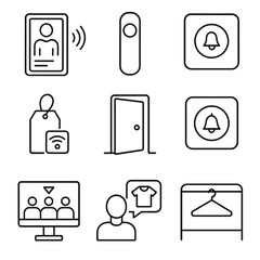 Fitting Room Icon Set. Line style icons of Fitting Room Tech: smart mirror, occupancy light, size request button, RFID garment tag