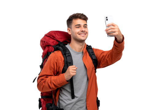 Solo traveler taking a selfie while hiking in outdoor adventure gear on transparent background, PNG