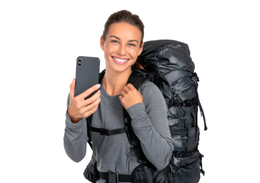 Smiling adventurer with backpack using smartphone for travel navigation on transparent background, PNG