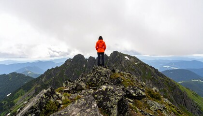 Solitary Hiker in Orange Jacket Standing on Mountain Peak in Misty Minimal Landscape. 
hiker, person, mountain, hill, landscape, travel, adventure, solitary, alone, silhouette, minimalism,  low angle