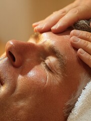Naklejka premium Relaxation Through Hot Towel Compress on Forehead in Calming Warm Lighting at a Wellness Space