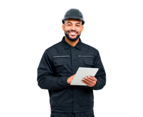 Confident industrial worker in protective gear holding digital tablet for efficient project management on transparent background, PNG