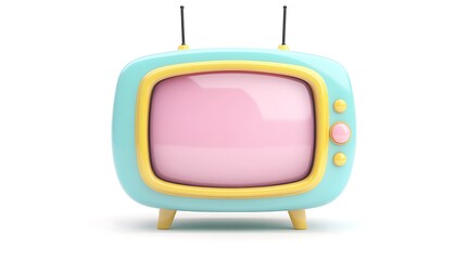 Cute Cartoon Television Set with Teal Body, Yellow Trim, Pink Screen, Isolated on White