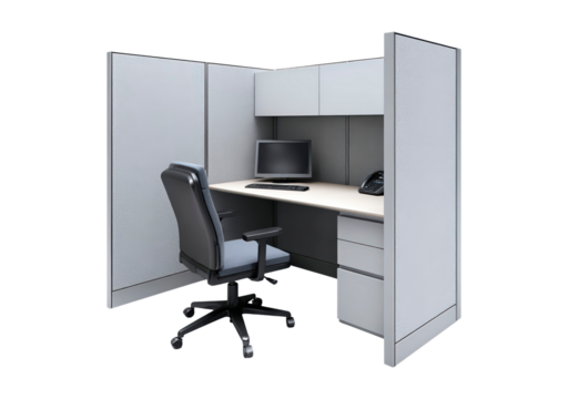 Office cubicle workspace with desk, chair, computer, and phone on transparent background, PNG