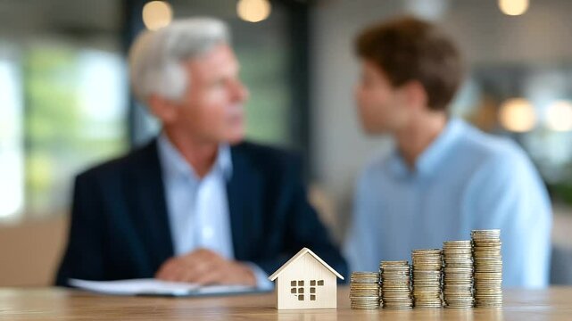 Modern office scene with a confident advisor explaining mortgage options to a young couple, with symbolic wooden house models and ascending coin piles arranged like a financial roa