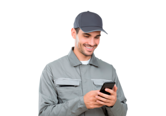 Smiling worker in gray uniform using smartphone for communication on transparent background, PNG