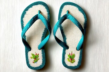 Flip flops with turquoise trim and embroidered cactus pattern
