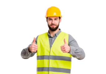 Construction worker giving thumbs up in safety gear on transparent background, PNG