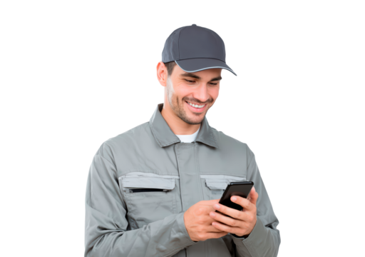Smiling worker in gray uniform using smartphone for communication on transparent background, PNG