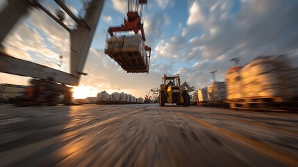Forklift Lifting Cargo at Dock Under Sunset