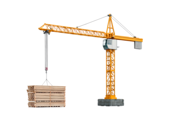 Industrial construction crane lifting wooden pallets for building projects on transparent background, PNG