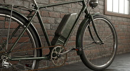A vintage style electric bicycle with a battery pack and classic features, parked against a rustic brick wall, blending retro and modern transport.
