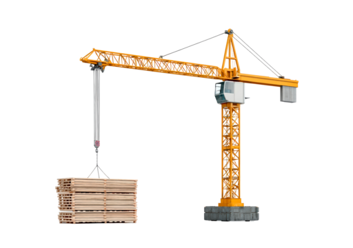 Industrial construction crane lifting wooden pallets for building projects on transparent background, PNG