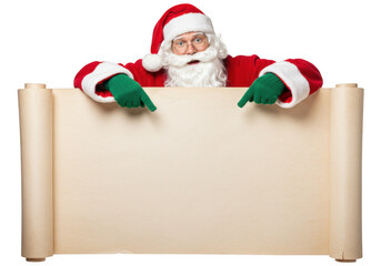 Naklejka premium Santa claus points down at a blank parchment scroll, inviting viewers to add their own message, isolated on a transparent background