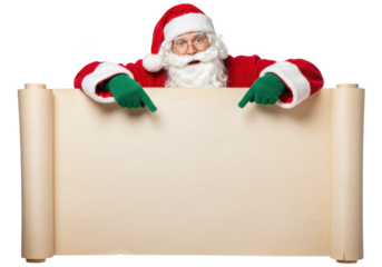 Santa claus points down at a blank parchment scroll, inviting viewers to add their own message, isolated on a transparent background