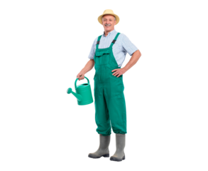 Senior gardener in green overalls holding watering can on transparent background, PNG