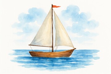 Fototapeta premium Watercolor illustration of a sailboat gliding through calm waters. Perfect for themes of peaceful adventure, relaxation, and nautical explorations. 