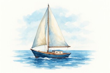 Fototapeta premium A calm and serene watercolor depiction of a sailboat on the ocean. Evokes feelings of freedom, exploration, and peaceful journeys across the sea. 