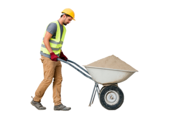 Construction worker with wheelbarrow full of sand for construction site use on transparent background, PNG