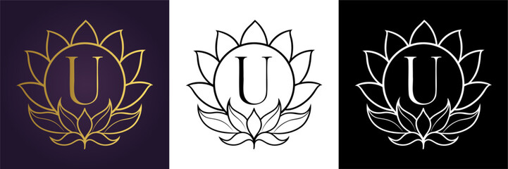 Obraz premium Luxury floral letter U logo design in gold black and white versions 
