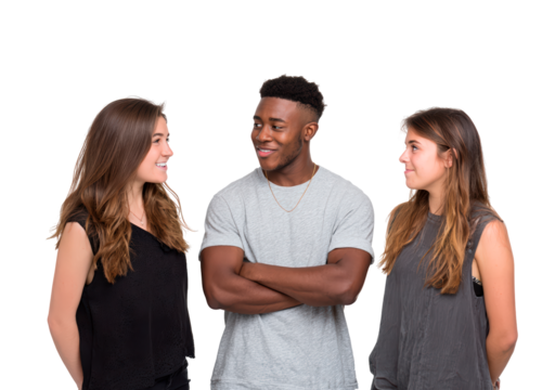 Friendly group conversation among young adults in casual outfits on transparent background, PNG