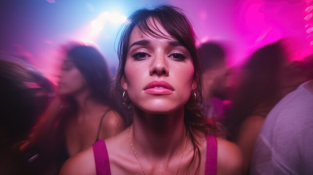 Close-up of a woman looking unhappy in a club. Ideal for illustrating drug abuse, loneliness, mental health, and personal struggles in a nightlife setting.
