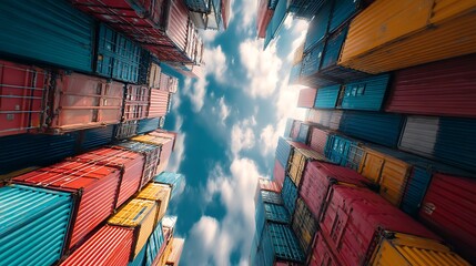 Colorful Shipping Containers Stacked Under Blue Sky