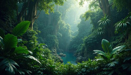 A breathtaking view of a serene tropical forest leading to a peaceful body of water. Great for nature-based projects, meditation, eco-tourism, or sustainable travel.
