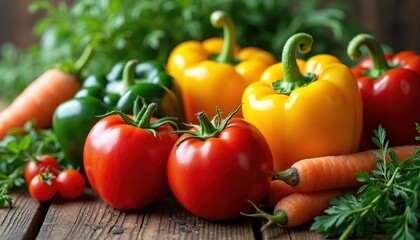 A vibrant collection of fresh vegetables including tomatoes, peppers, and carrots on a rustic wooden table. Perfect for healthy eating, food recipes, and organic lifestyle campaigns.
