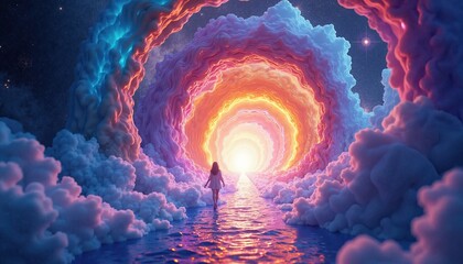 A lone figure walking through a glowing, ethereal cosmic tunnel, symbolizing exploration and self-discovery. Perfect for conceptual, spiritual, and sci-fi themes.
