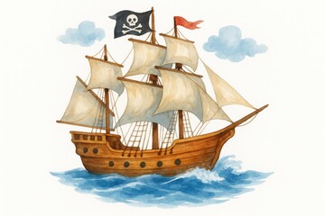 A colorful watercolor illustration of a classic pirate ship with sails and a Jolly Roger flag, sailing through the ocean. Perfect for adventure, historical, or children's themes.
