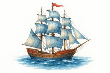 A detailed watercolor painting of a classic sailing ship with blue sails on the open sea, ideal for maritime, vintage, or travel-related themes.
