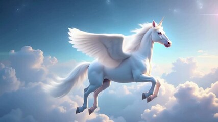 Majestic White Unicorn Pegasus Soaring Through Cloudscape - Powered by Adobe