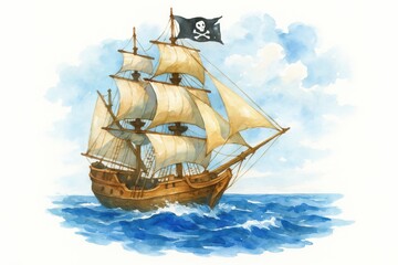 A watercolor painting of a majestic pirate ship with a black pirate flag, sailing through the deep blue sea. Ideal for storytelling, pirate adventures, or fantasy-themed projects.
