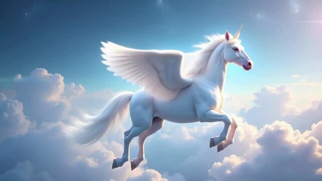 Majestic White Unicorn Pegasus Soaring Through Cloudscape