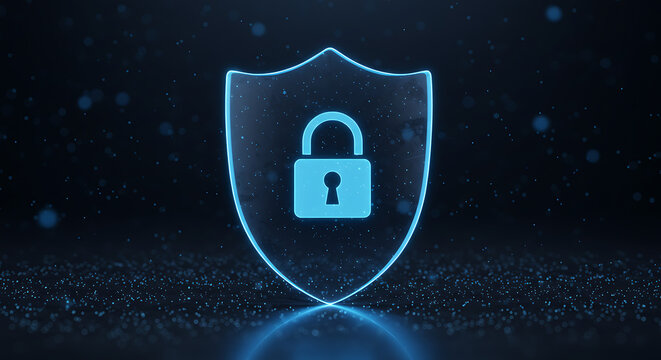 A futuristic glowing shield with a padlock icon, symbolizing cybersecurity, data protection, and digital security on a dark background.
