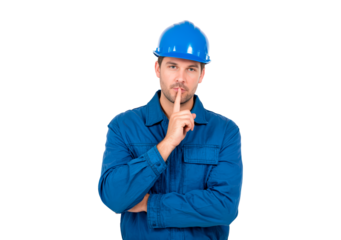 Thoughtful construction worker gesture in blue hard hat on transparent background, PNG