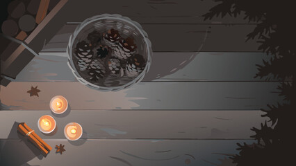 Obraz premium Still life arrangement featuring a basket of pine cones candles and cinnamon sticks on wooden planks